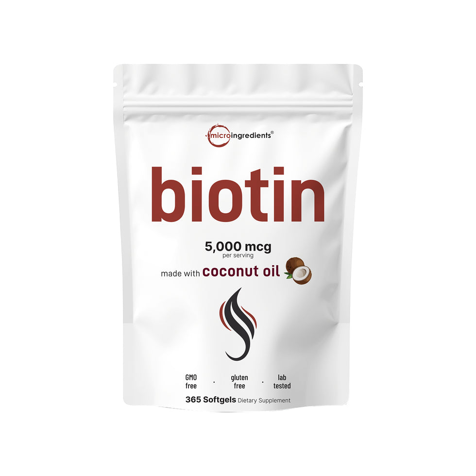 میکرو ترکیبات بیوتین ۵۰۰۰ میکروگرم |۳۶۵ کپسول نرم روغن نارگیل ویرجینMicro Ingredients Biotin 5,000mcg | 365 Virgin Coconut Oil Softgels