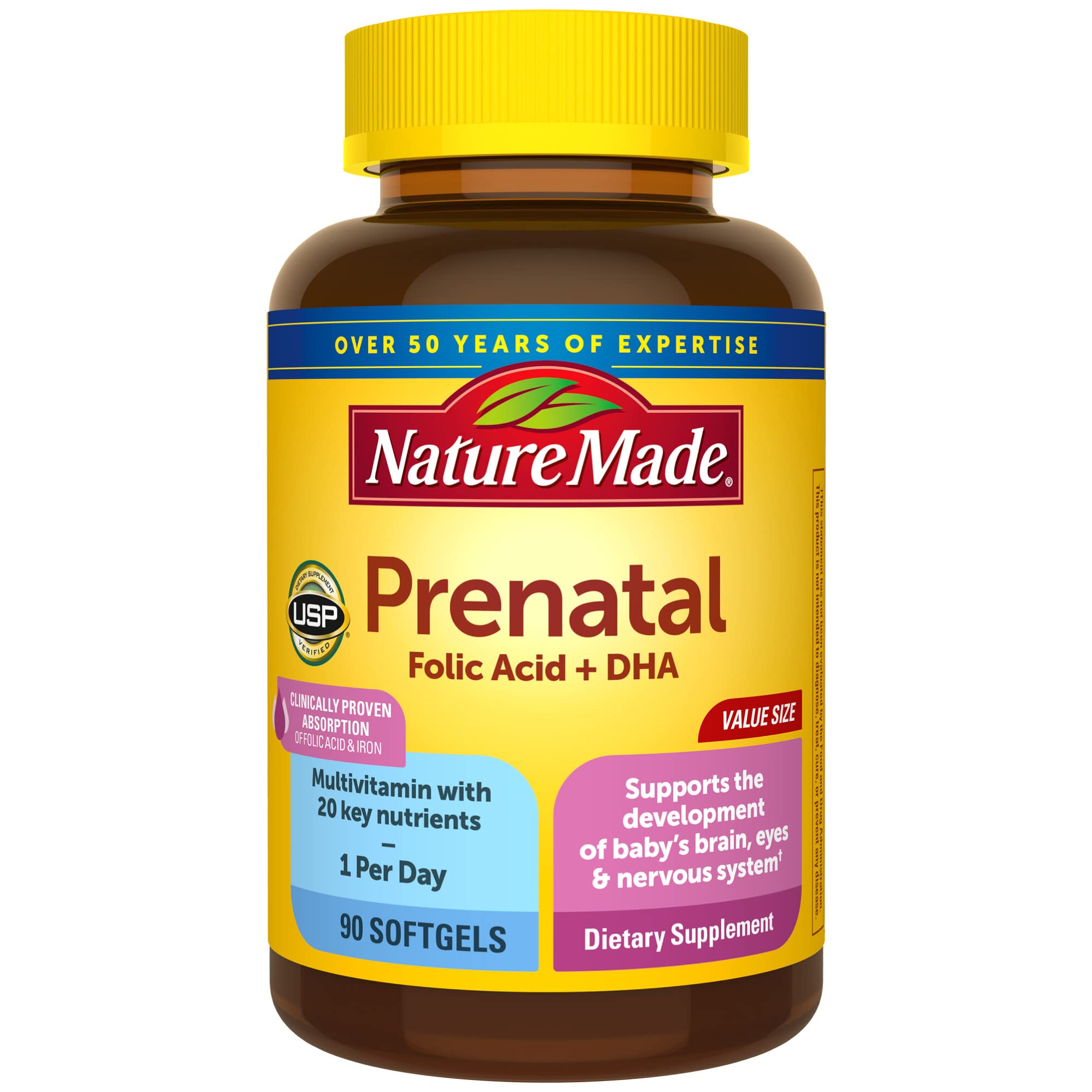 Nature Made Prenatal با اسید فولیک + DHA، مکمل ویتامین و مواد معدنی دوران بارداری برای حمایت از تغذیه روزانه، ۱۵۰عدد