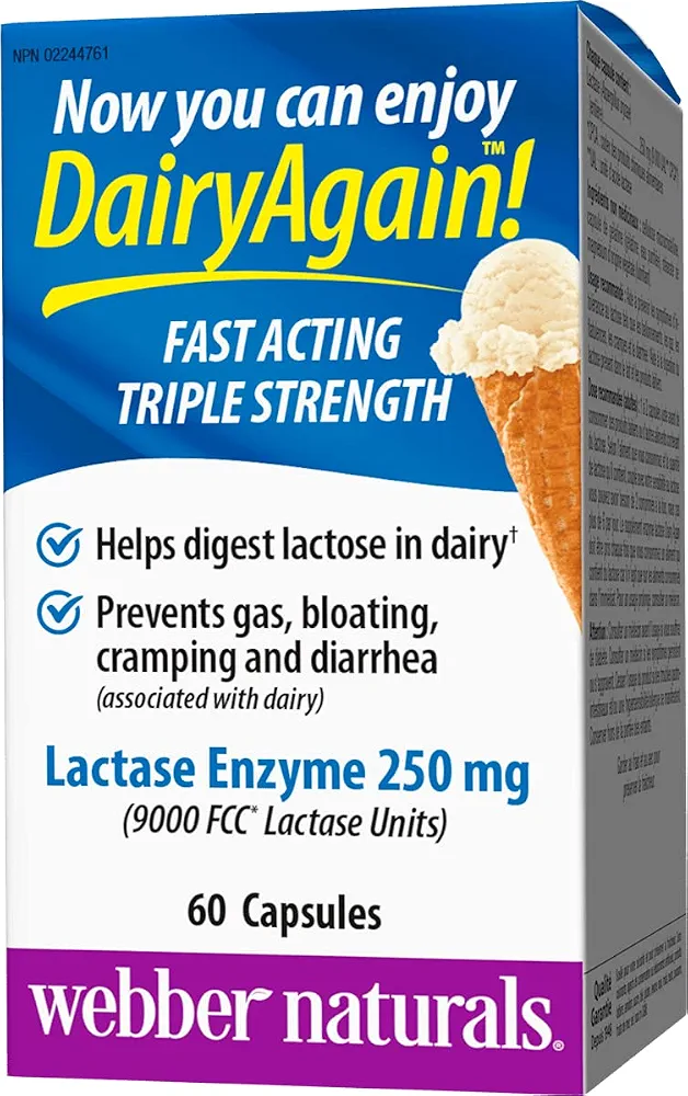 کپسول‌های آنزیم لاکتاز ۲۵۰ میلی‌گرمی وبر نچرالز Dairy Again!™