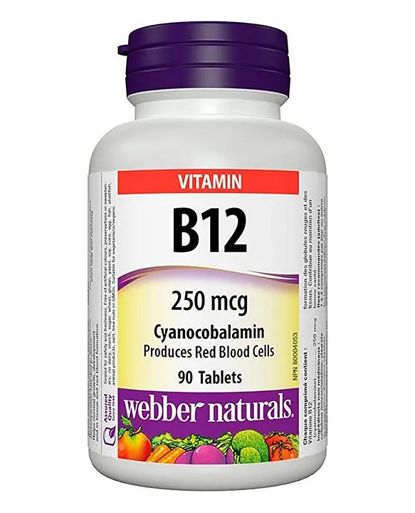 ویتامین B12 وبرنچرالز ۹۰عددیWebber Naturals Vitamin B12 250mcg Sublingual Tablets, Pack of 90’s