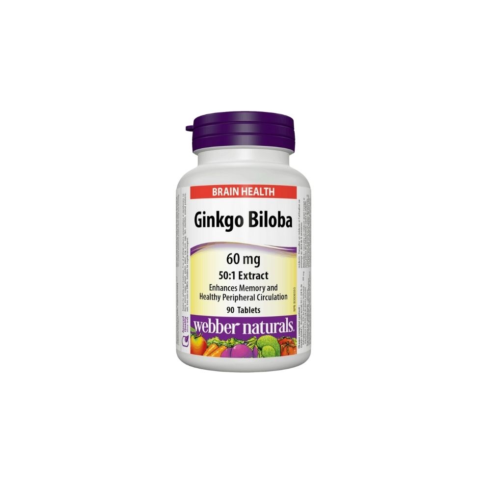 قرص جینکوبیلوبا ۶۰ میلی‌گرم وبر نچرالز – ۹۰ عددی | تقویت حافظه و تمرکزWebber Naturals Ginkgo Biloba 60mg  90 Tablets