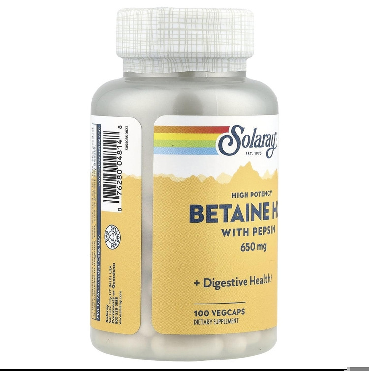 بتائین HCl با پپسین سولارای – ۱۰۰ عددی Solaray High Potency Betaine HCl with Pepsin