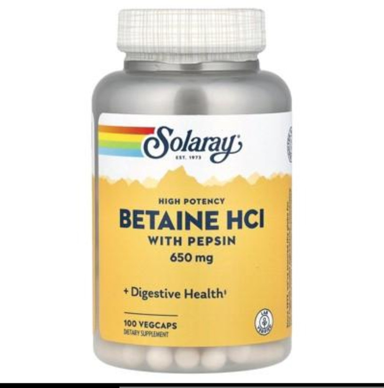 بتائین HCl با پپسین سولارای – ۱۰۰ عددی Solaray High Potency Betaine HCl with Pepsin