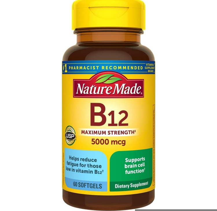 B-12 نیچر مید ۵۰۰۰ میکروگرم – ۶۰ عددیVitamin B12 6000 mcg Nature made