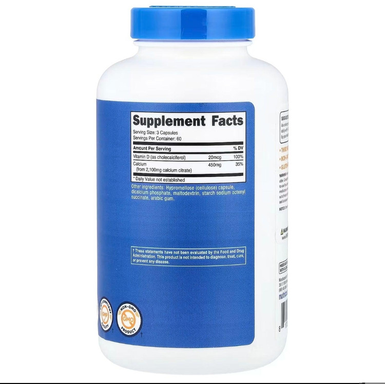 کلسیم سیترات + ویتامین D نوتریکاست – ۱۸۰ کپسولNutricost Calcium Citrate + Vitamin D