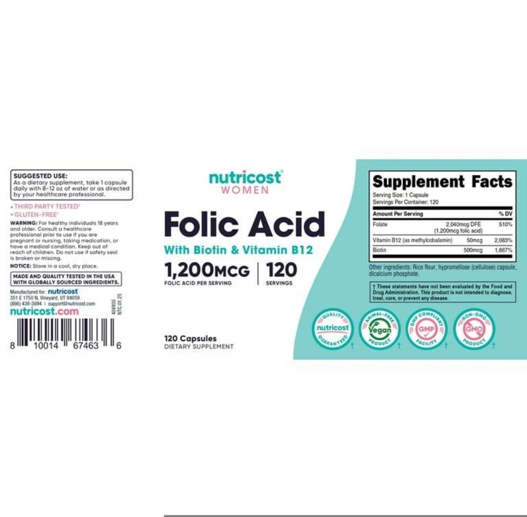 فولیک اسید ۱۲۰۰ میکروگرم نوتریکاست | Nutricost Folic Acid for Women