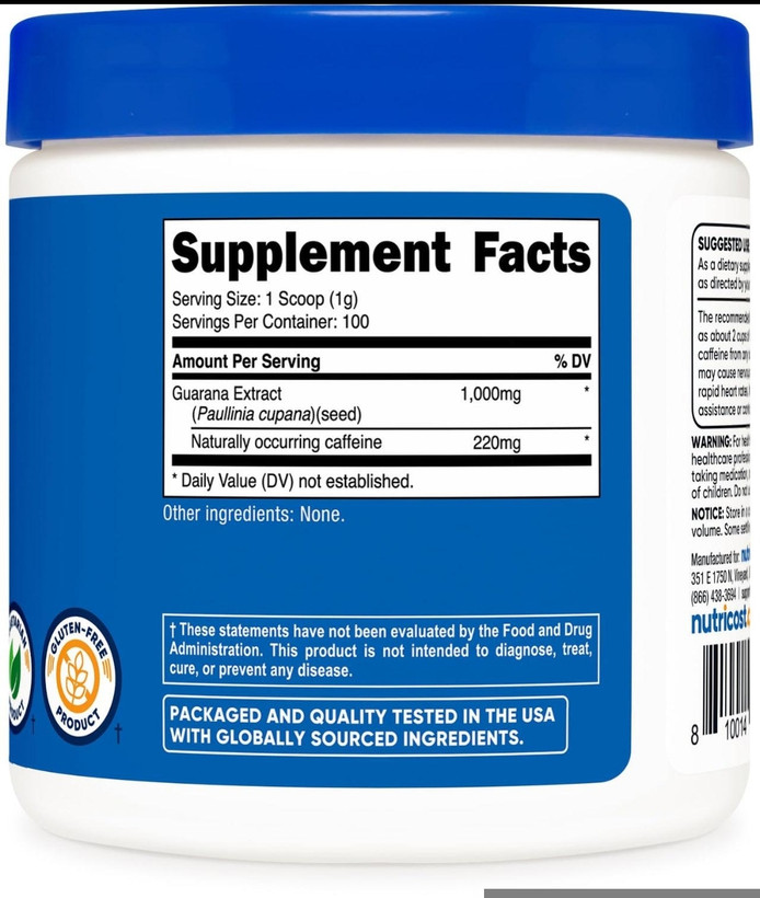 پودر گوارانا ۲۲۰ میلیگرم کافئین نوتریکاست | Nutricost Guarana Powder
