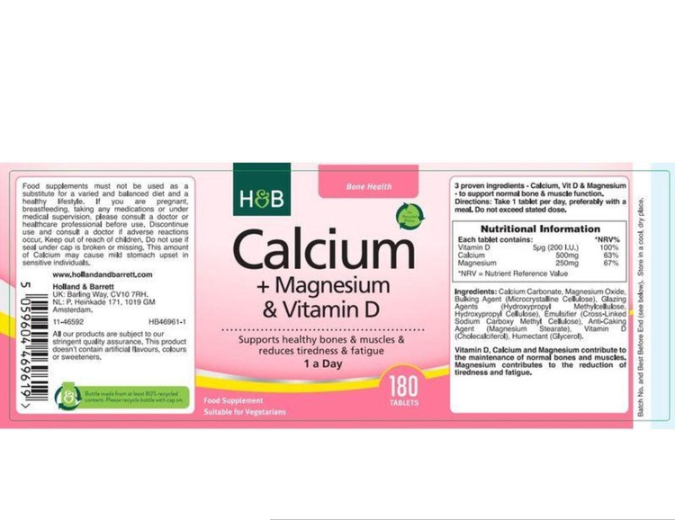 کلسیم + منیزیم + ویتامین D هالند اند بارت – ۱۸۰ قرصCalcium + Magnesium & Vitamin DHolland & Barrett (H&B